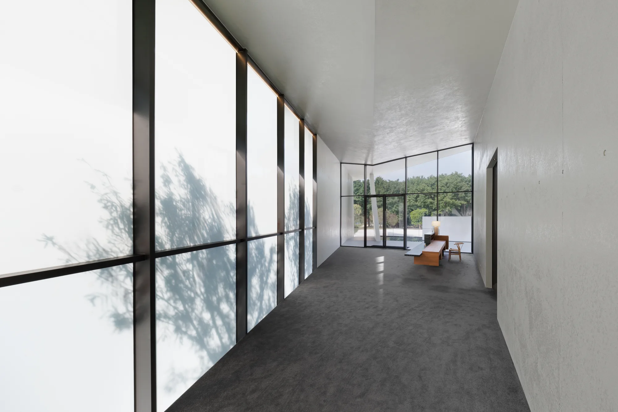 帛唐空間美學｜展售中心暨樣品屋 — 接待廊道全景，整面黑框格窗將庭院老樹的光影投映於清水牆面，廊道盡頭一張單椅，光是主角、建築是框｜空間攝影 / 琢磨影像